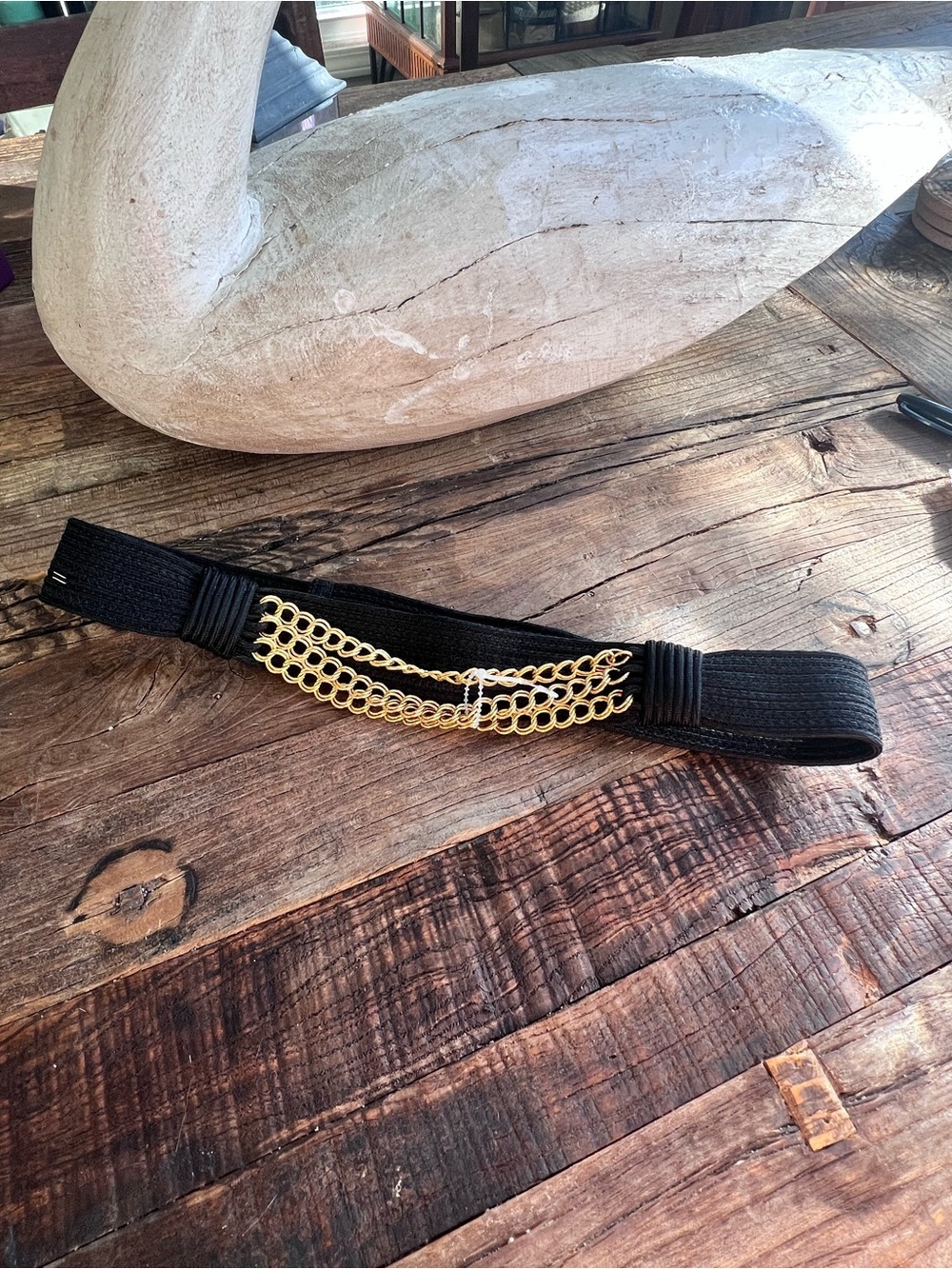 Black Waist Belt with Gold Chain Accents.